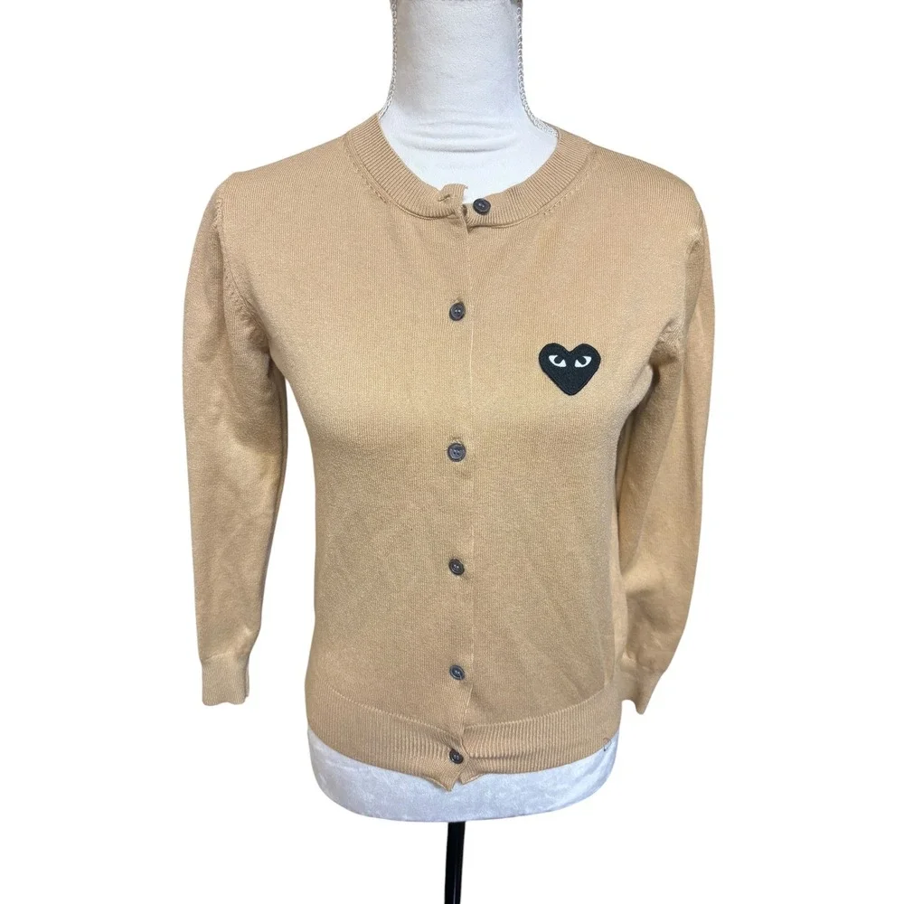 PLAY Comme des Garcons Tan Button Up Embroidered Black Heart Cardigan Designer S